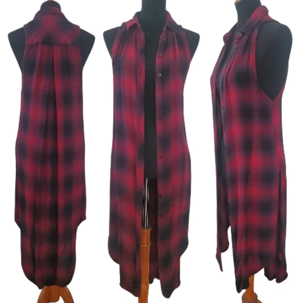 BDG Burgundy and Black Plaid Extra Long Sleeveless Button Up Shirt Dress XS 90s